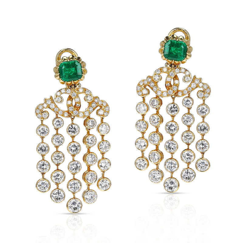 French Alexandre Reza Emerald and Diamond Cocktail Dangling Earrings, 18K Gold