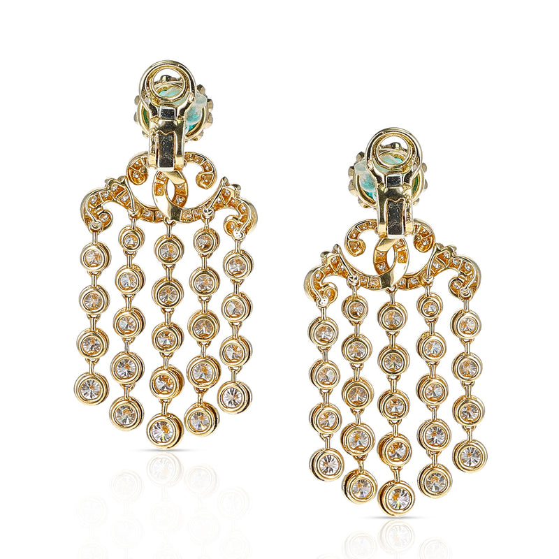 French Alexandre Reza Emerald and Diamond Cocktail Dangling Earrings, 18K Gold