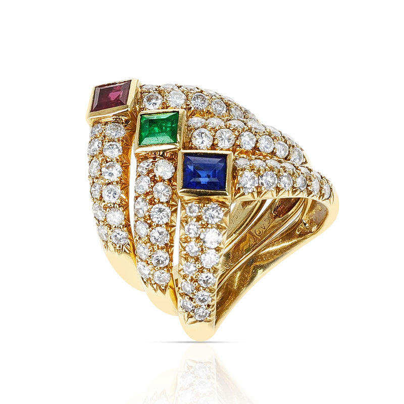 Van Cleef & Arpels Emerald Ruby Sapphire and Diamond Three Band Stacking Ring
