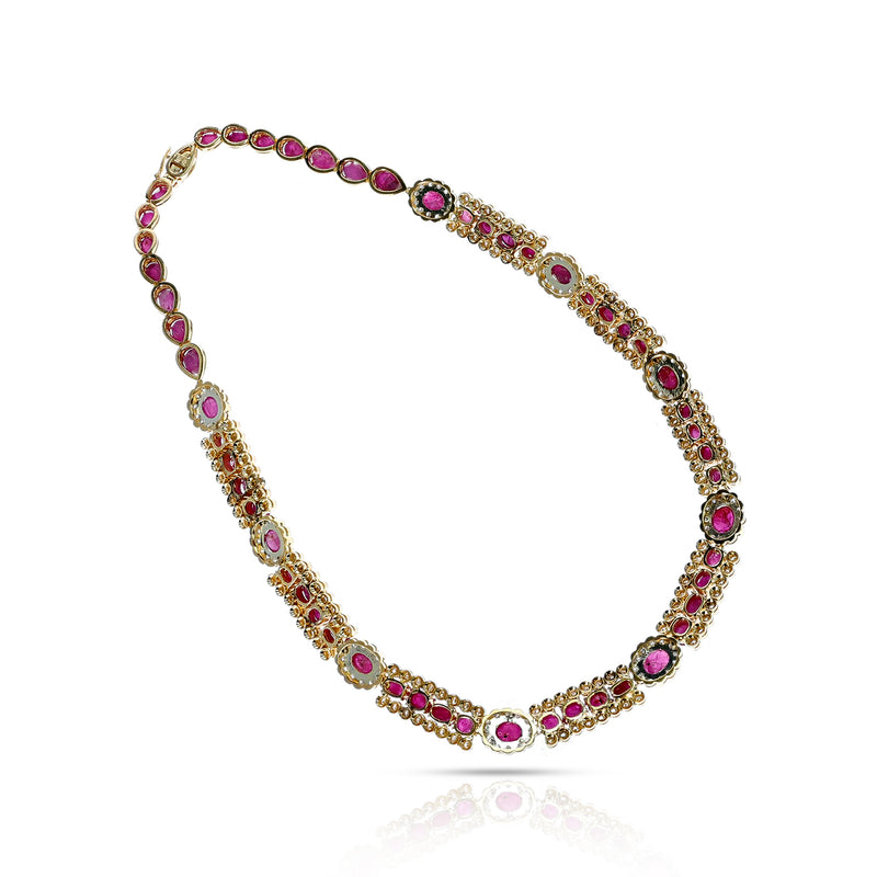 Unheated Burma Star Ruby Cabochon and Diamond Necklace, Part of Set
