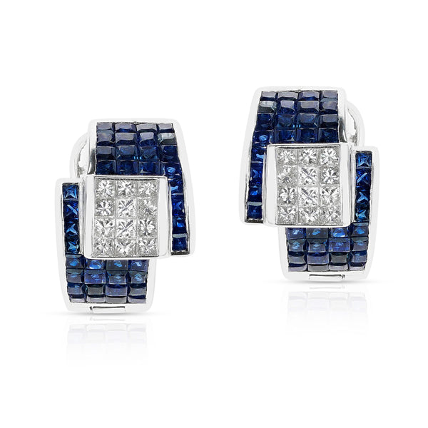Invisibly Set Sapphire and Diamond Earrings, 18K White Gold