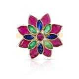 Tri-Color Ruby Emerald Sapphire Floral Ring, 18K Yellow Gold