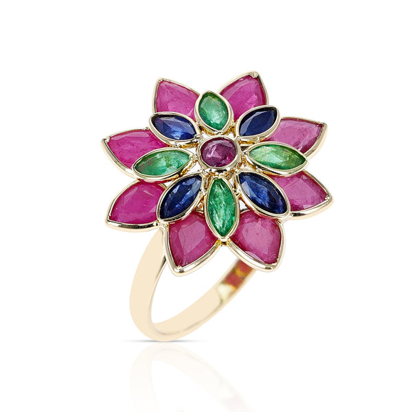 Tri-Color Ruby Emerald Sapphire Floral Ring, 18K Yellow Gold