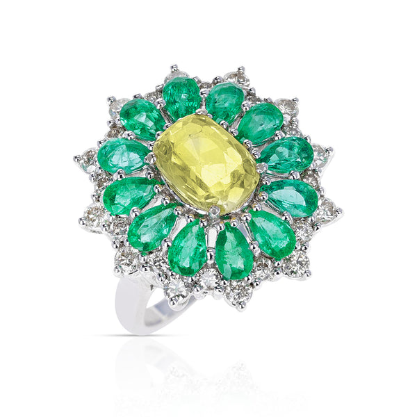 Pear-Shape Emeralds, Round Diamonds, Center Oval Cushion Yellow Sapphire Cocktail Ring