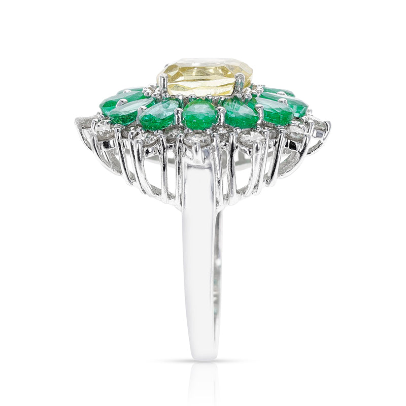 Pear-Shape Emeralds, Round Diamonds, Center Oval Cushion Yellow Sapphire Cocktail Ring