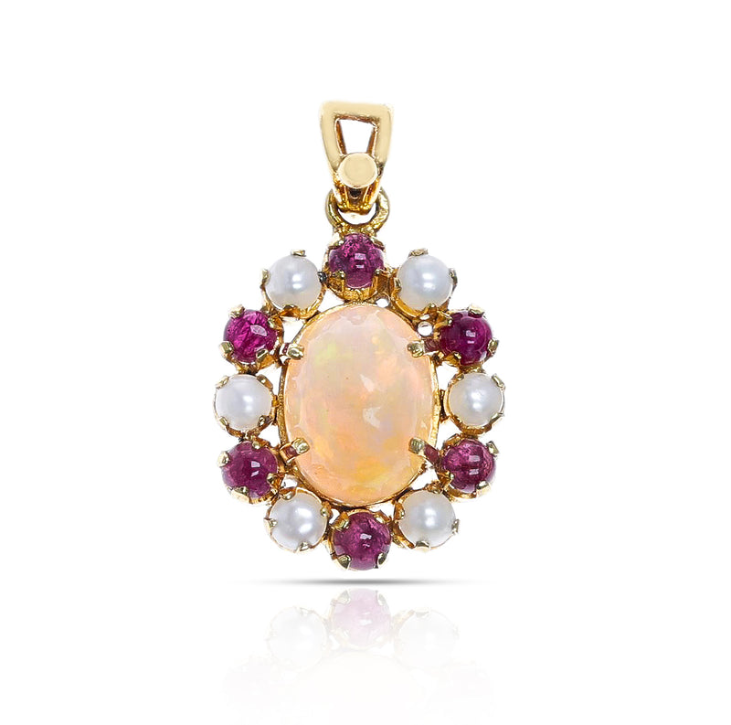 Opal Pendant with Ruby and Pearl, 14K Yellow Gold
