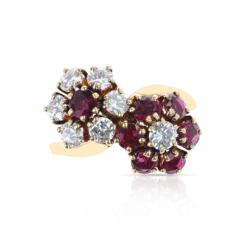 Van Cleef & Arpels Double Floral Ruby and Diamond Toi et Moi Ring, 18k Yellow