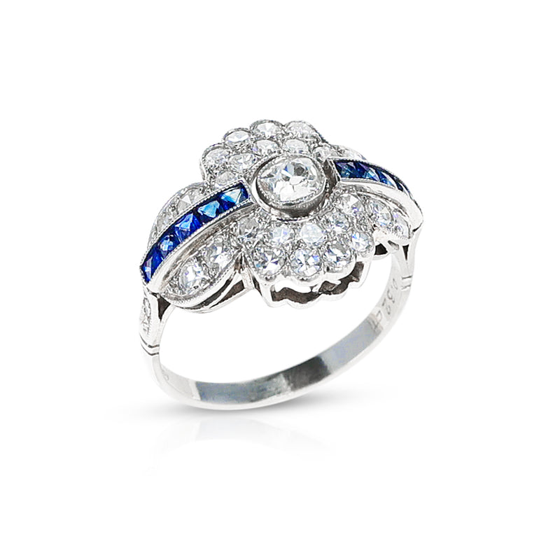 Art Deco-Style Diamond and Sapphire Ring, Platinum