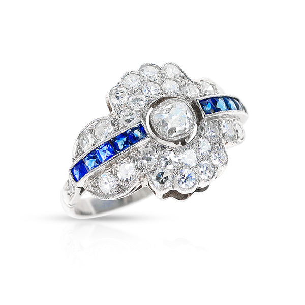 Art Deco-Style Diamond and Sapphire Ring, Platinum