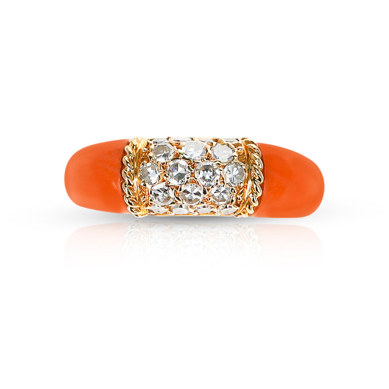 Van Cleef & Arpels Coral and 5 Row Diamond Stacking Philippine Ring, 18K Yellow
