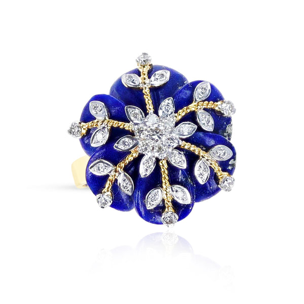 Carved Lapis and Diamond Ring, 14K