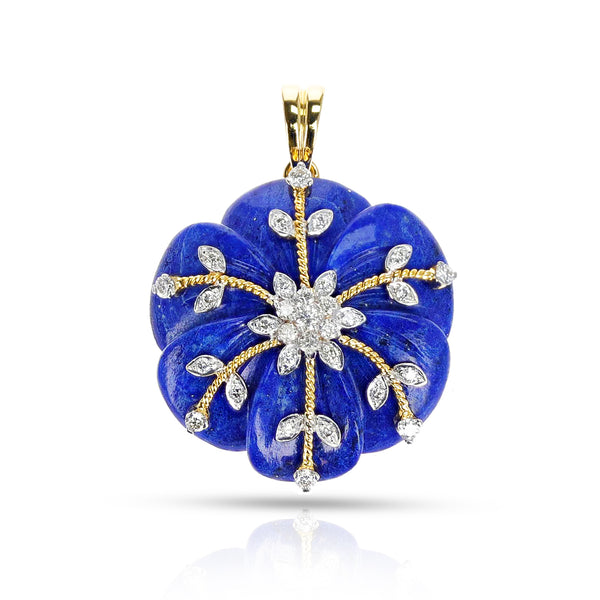 Carved Floral Lapis and Diamond Pendant, 14K