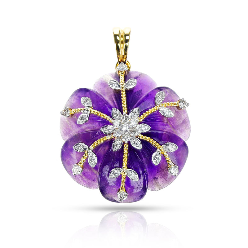 Amethyst Carved Floral Pendant with 14k Gold and Diamonds