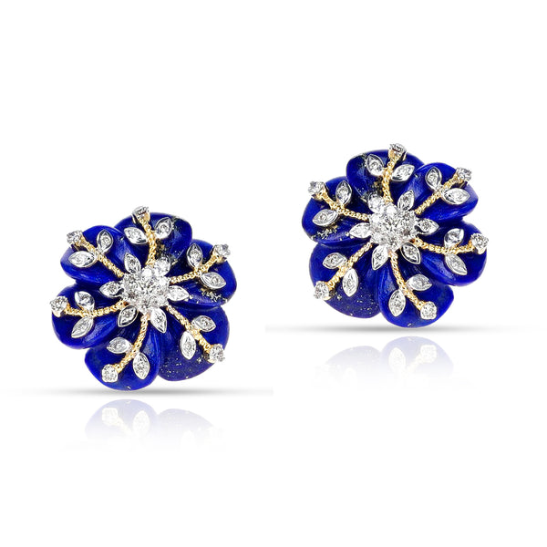 Carved Floral Lapis and Diamond Earrings, 14K