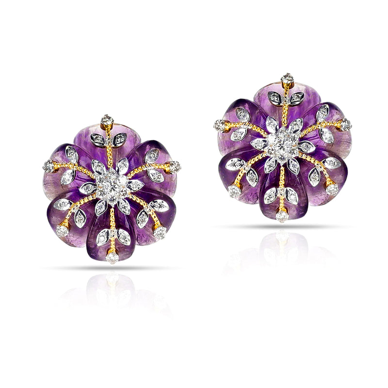 Carved Round Floral Amethyst Earrings with Diamonds