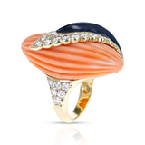 French Andre Vassort Carved Coral, Onyx, and Diamond Ring