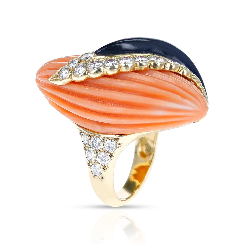 French Andre Vassort Carved Coral, Onyx, and Diamond Ring