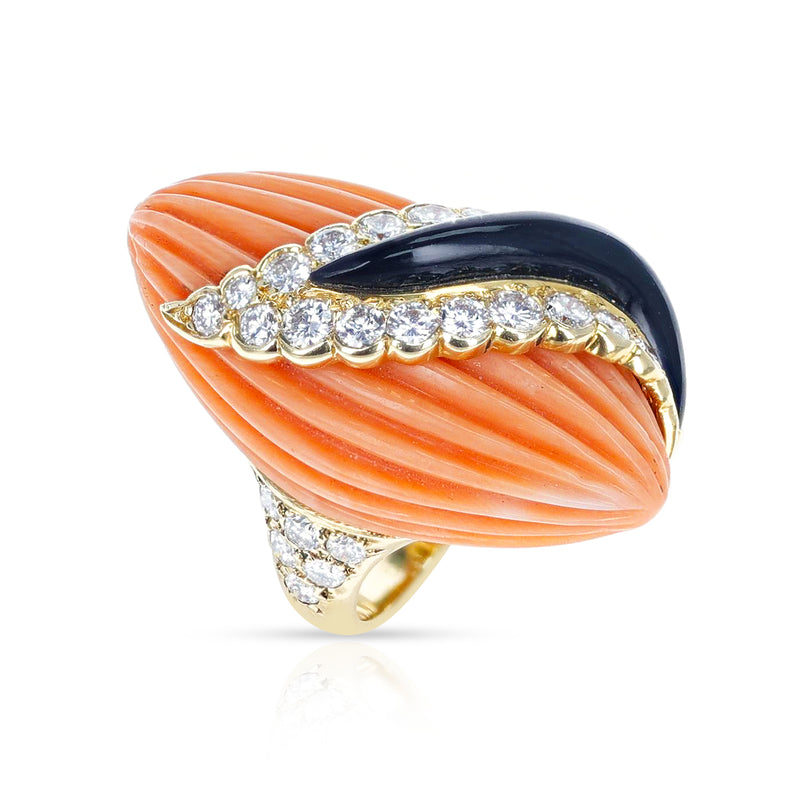 French Andre Vassort Carved Coral, Onyx, and Diamond Ring