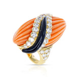 French Andre Vassort Carved Coral, Onyx, and Diamond Ring