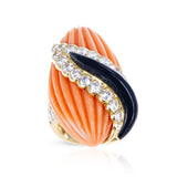 French Andre Vassort Carved Coral, Onyx, and Diamond Ring