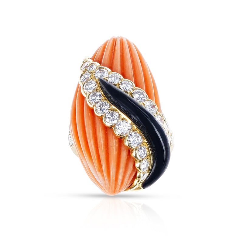 French Andre Vassort Carved Coral, Onyx, and Diamond Ring