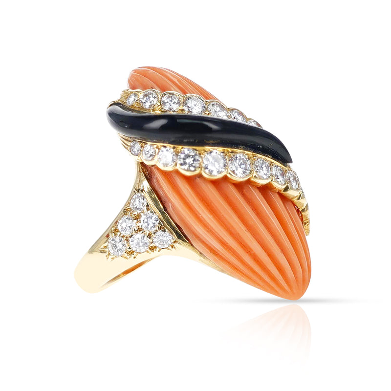 French Andre Vassort Carved Coral, Onyx, and Diamond Ring