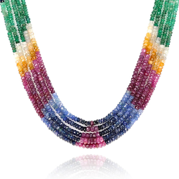 Round Emerald, Ruby and Sapphire Multi Color Faceted Beads Necklace