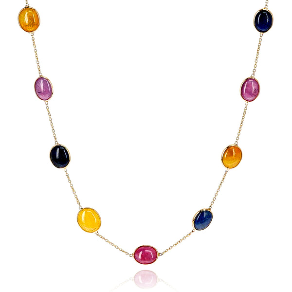 Oval Blue, Yellow and Pink Sapphire Cabochon Necklace, 18k