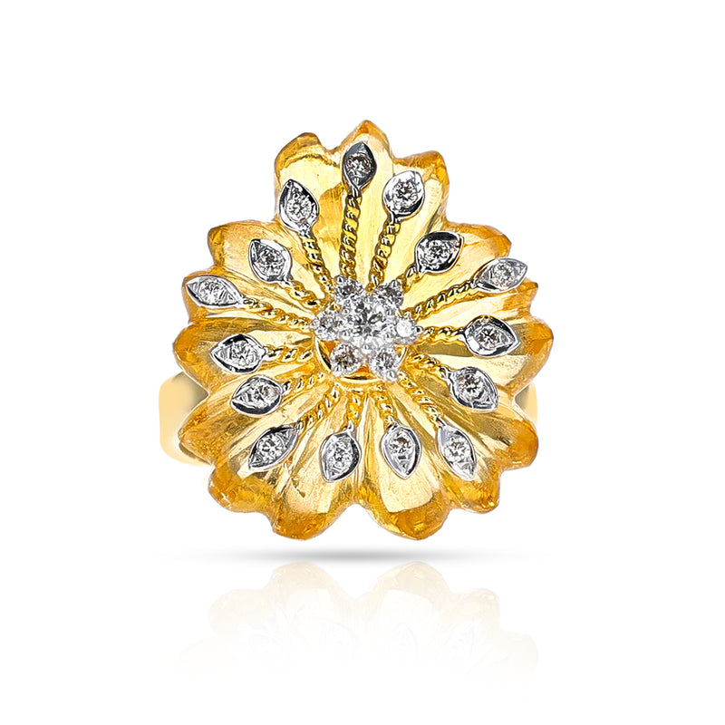 Citrine Carved Floral Ring with 18k Gold and Diamonds