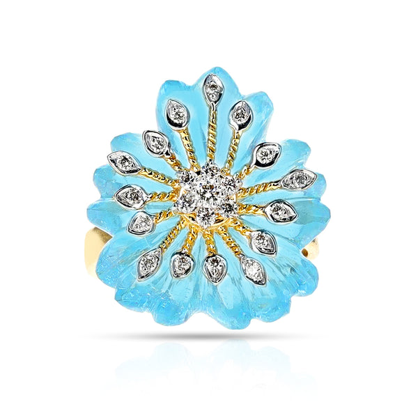 Blue Topaz Carved Floral Ring with 14k Gold and Diamonds