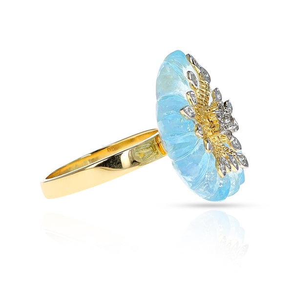 Blue Topaz Carved Floral Ring with 14k Gold and Diamonds