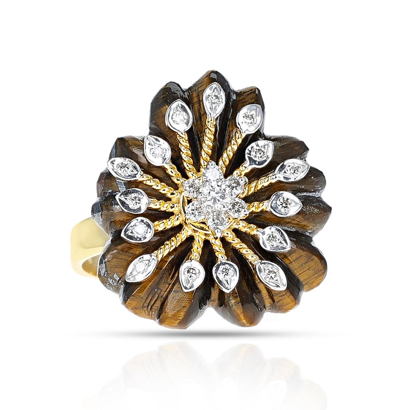 Tigers Eye Carved Floral Ring with 14k Gold and Diamonds
