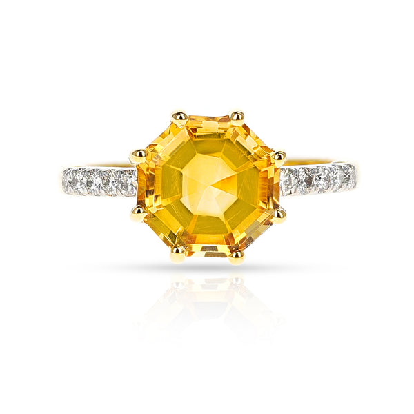 Octagonal Shape Citrine with Diamonds Ring, 18K Yellow Gold