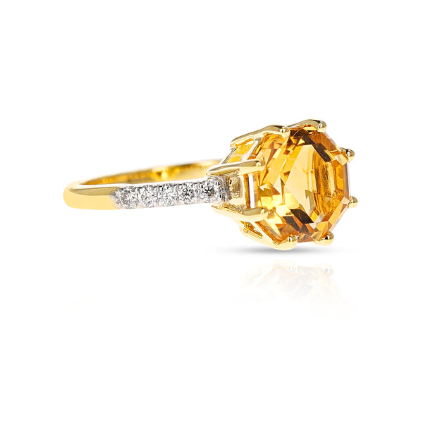 Octagonal Shape Citrine with Diamonds Ring, 18K Yellow Gold