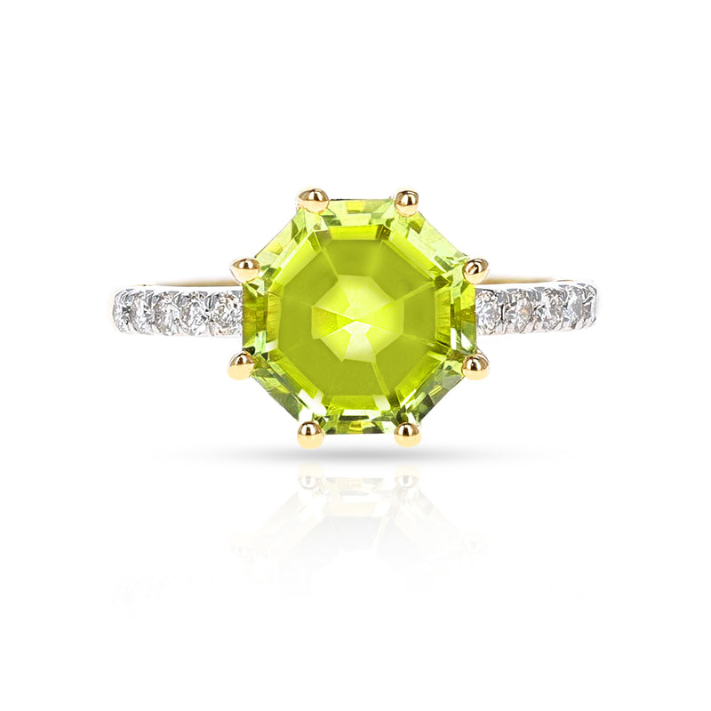 Octagonal Shape Lemon Topaz with Diamonds Ring, 18K Yellow Gold