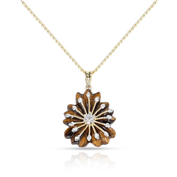 Tigers Eye Carved Floral Pendant with 18k Gold and Diamonds