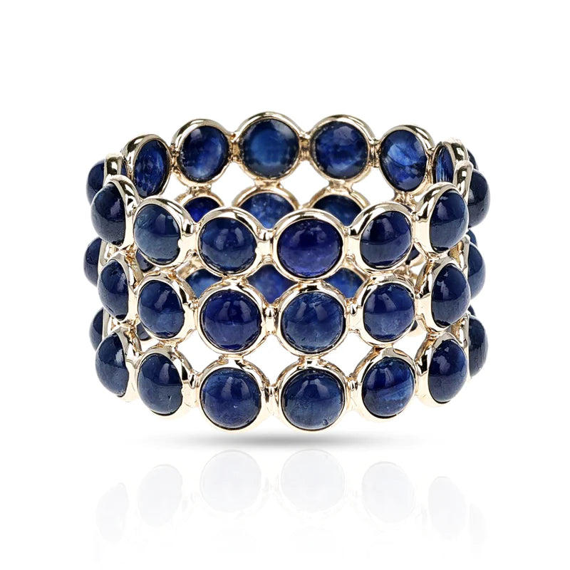 Round Cabochon Gemstone Triple Line Band, Yellow Gold