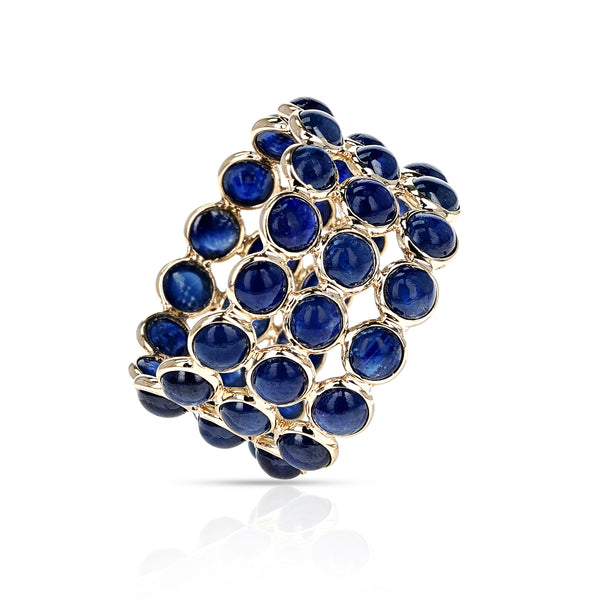 Round Blue Sapphire Triple Layer Band, 18K Yellow Gold