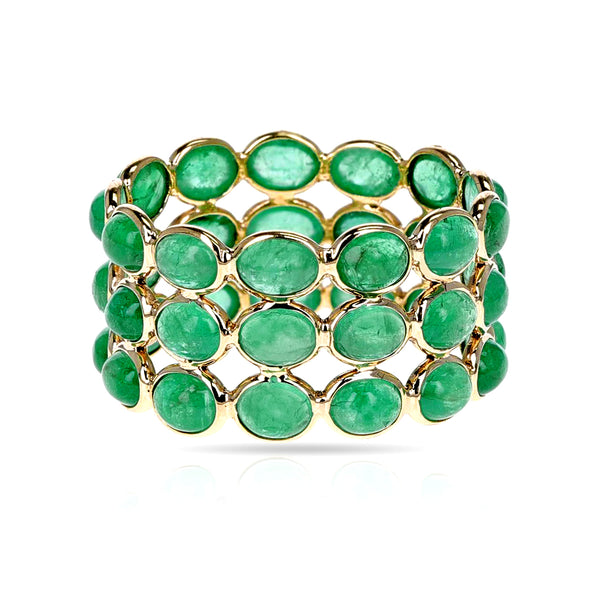 Oval Emerald Cabochon Triple Band, 18K Yellow Gold