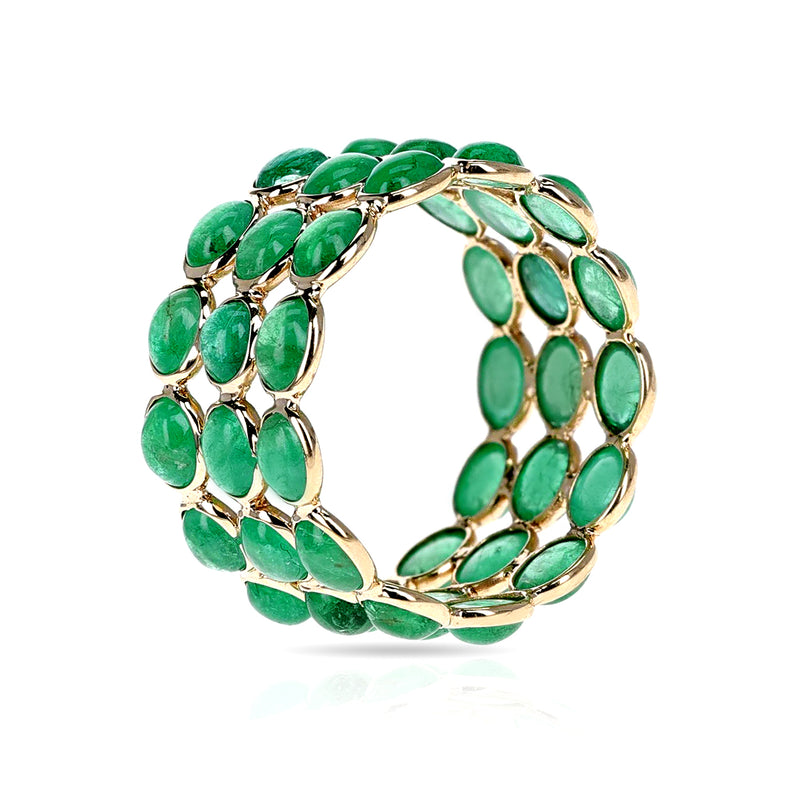 Oval Emerald Cabochon Triple Band, 18K Yellow Gold