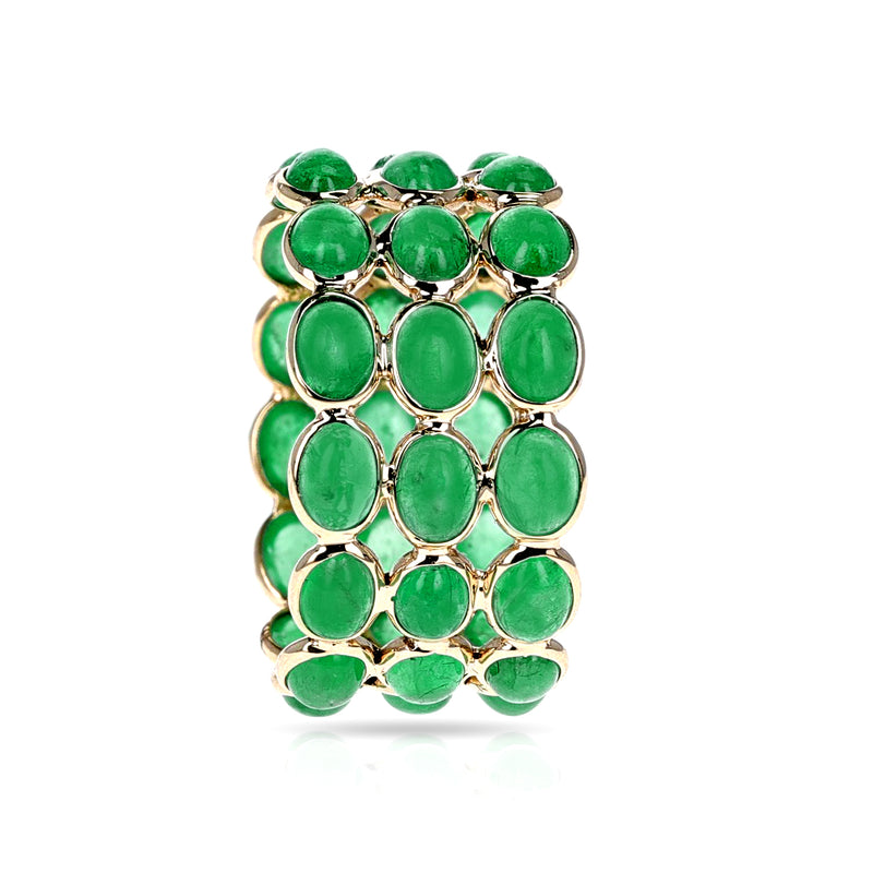 Oval Emerald Cabochon Triple Band, 18K Yellow Gold