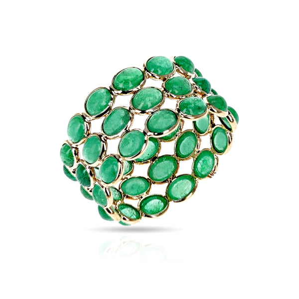 Oval Emerald Cabochon Triple Band, 18K Yellow Gold