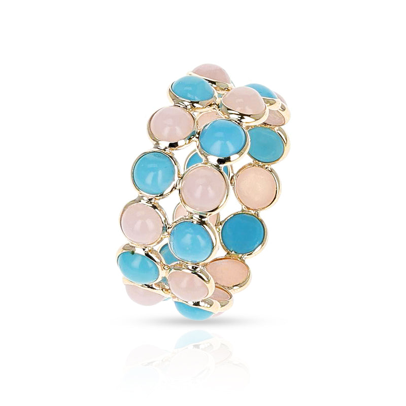 Turquoise and Pink Opal Round Cabochon Double Line Band, 18K Yellow Gold