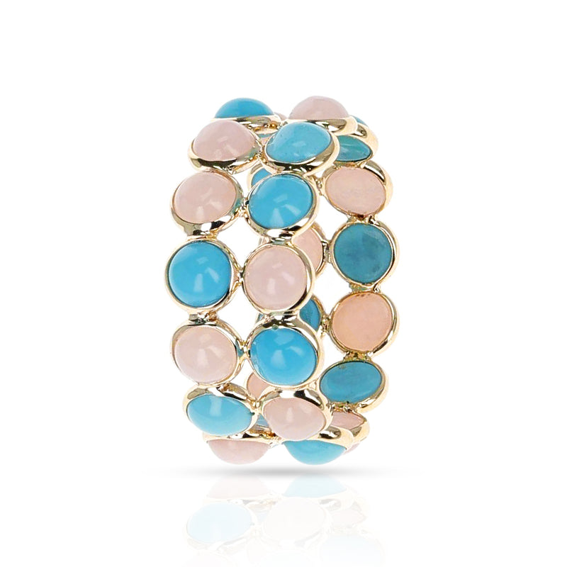 Turquoise and Pink Opal Round Cabochon Double Line Band, 18K Yellow Gold