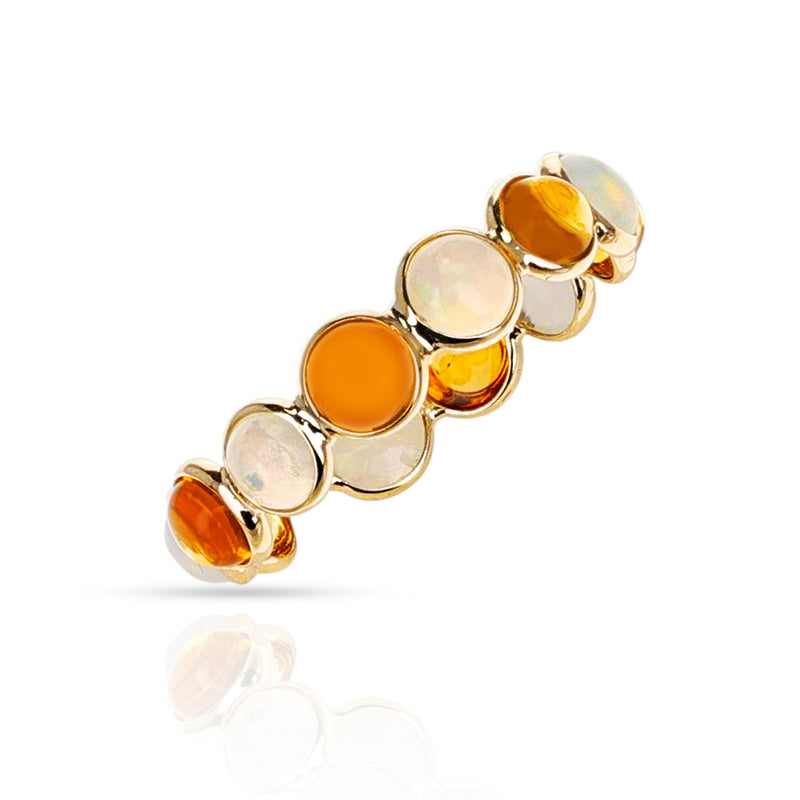 Round Citrine and Opal Cabochon Single Line Band, 18K Yellow Gold