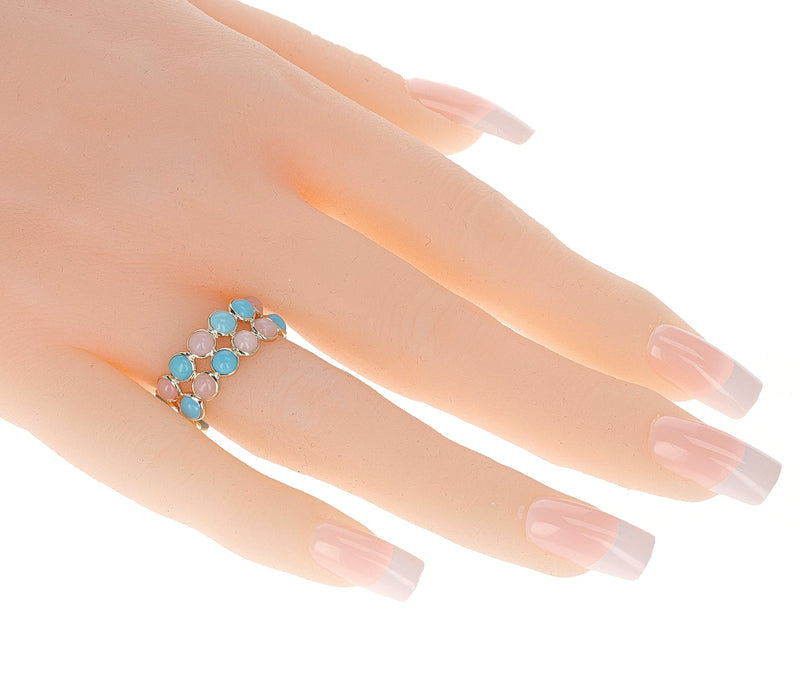 Turquoise and Pink Opal Round Cabochon Double Line Band, 18K Yellow Gold