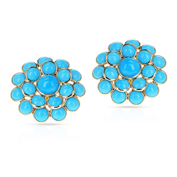 Turquoise Floral Cluster Earrings, 18 Karat Gold