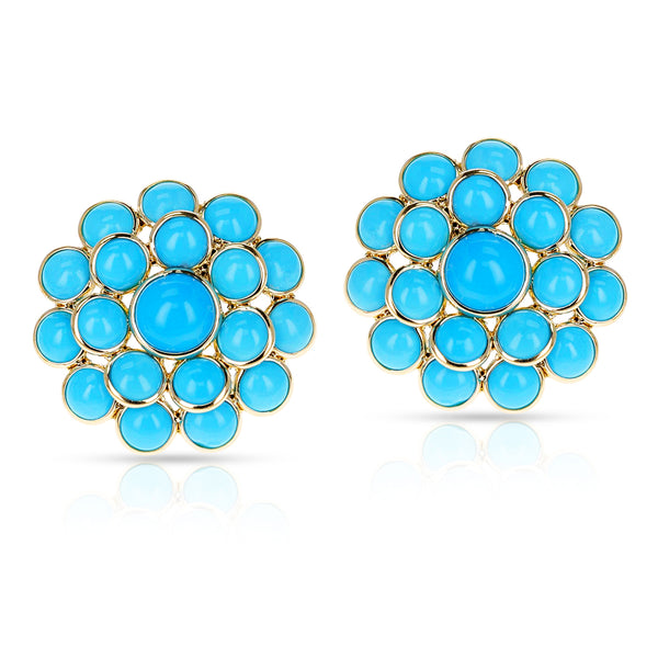 Turquoise Floral Cluster Earrings, 18 Karat Gold
