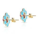 Turquoise and Tourmaline Floral Earrings, 18k Yellow Gold