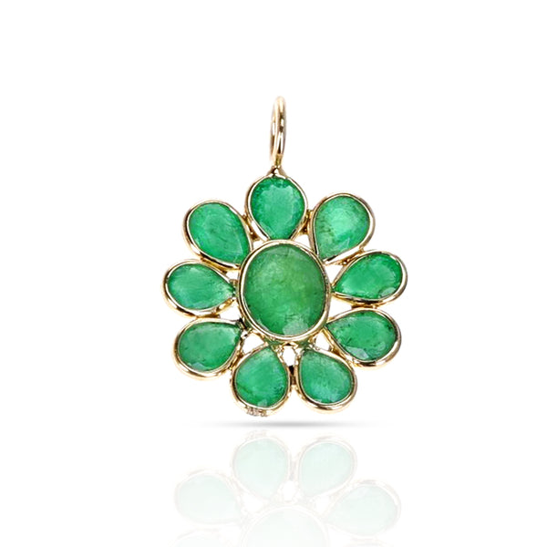 Pear and Round Emerald Floral Pendant, 18K Yellow Gold